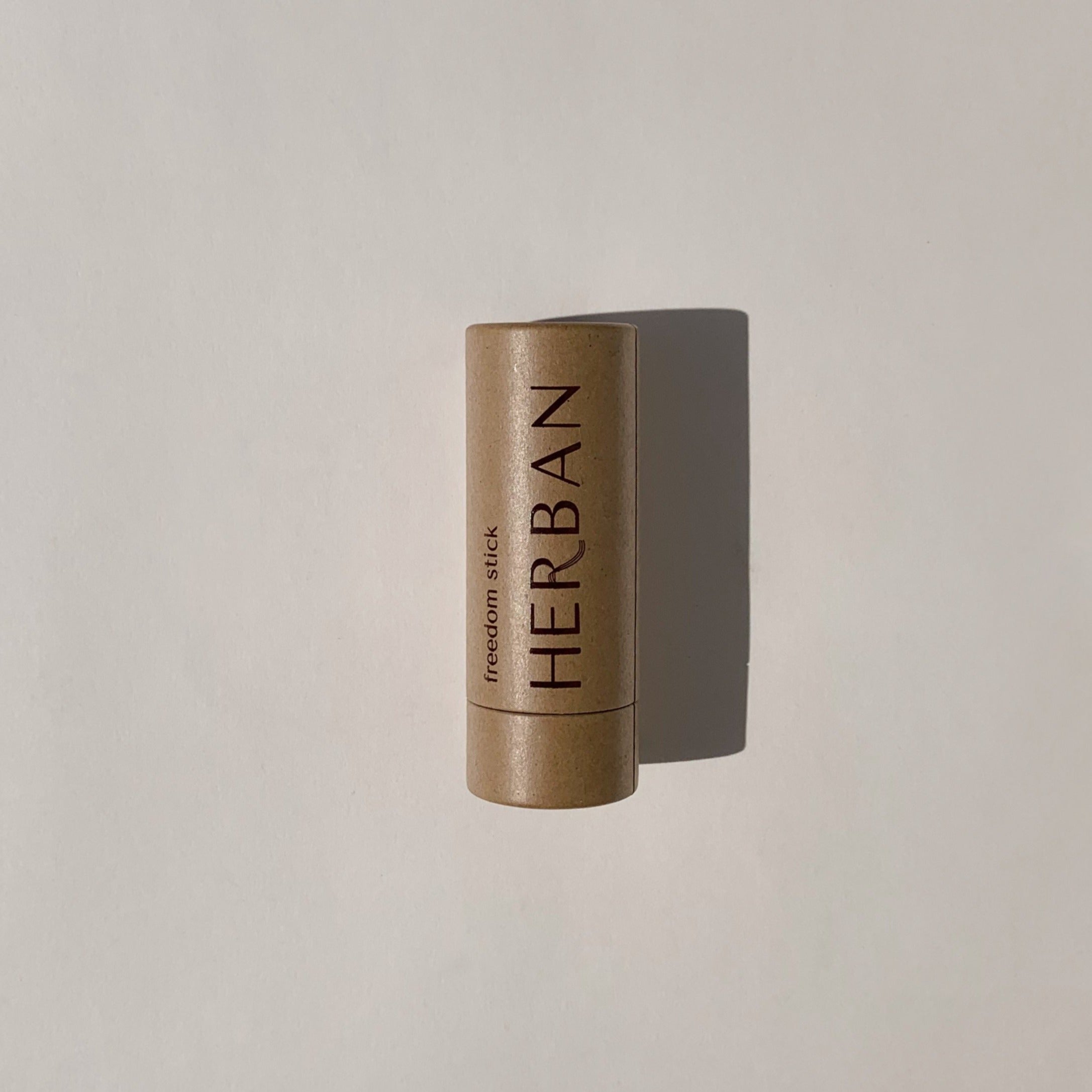 Herban's Freedom Stick in plastic free, compostable packaging and is Aluminum and Baking soda free