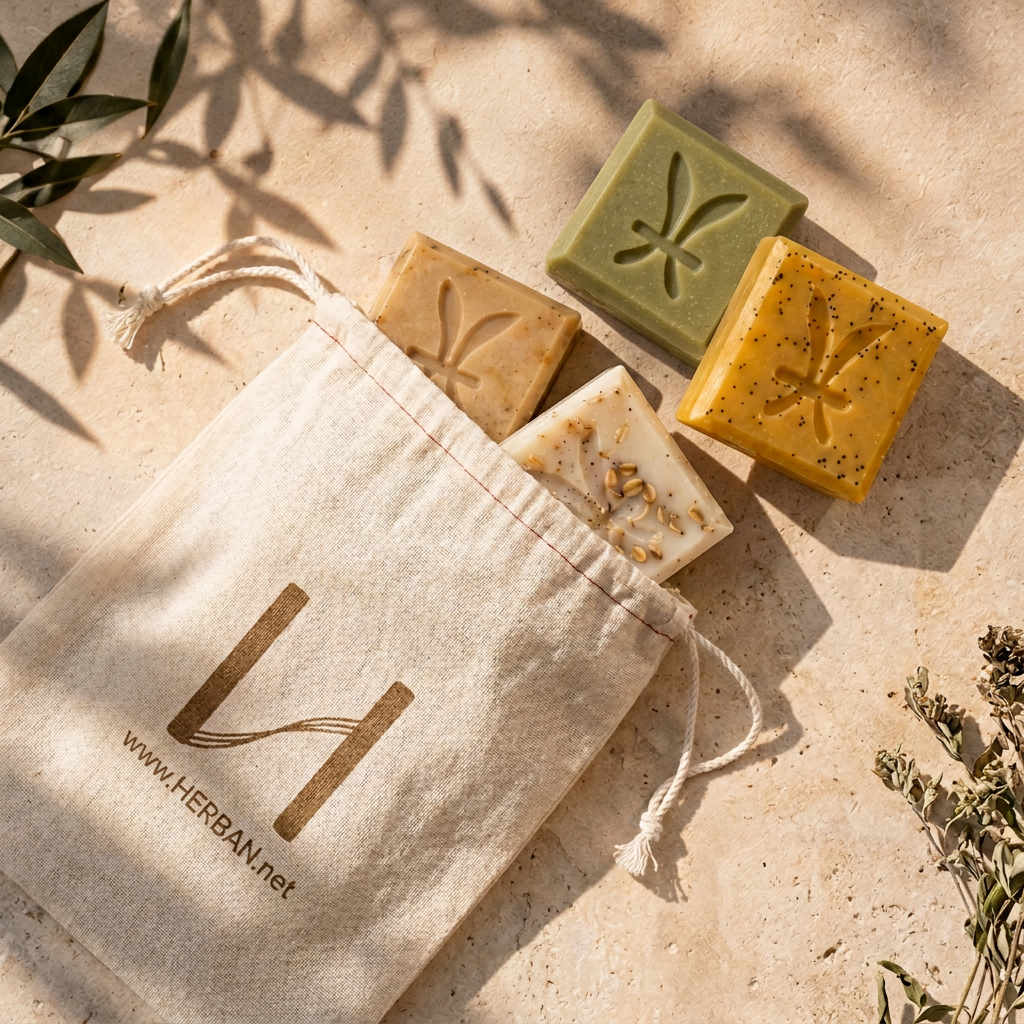 Herban Plant Bar soaps with a lighter green Seasonal bar arranged at the opening of a muslin gift pouch