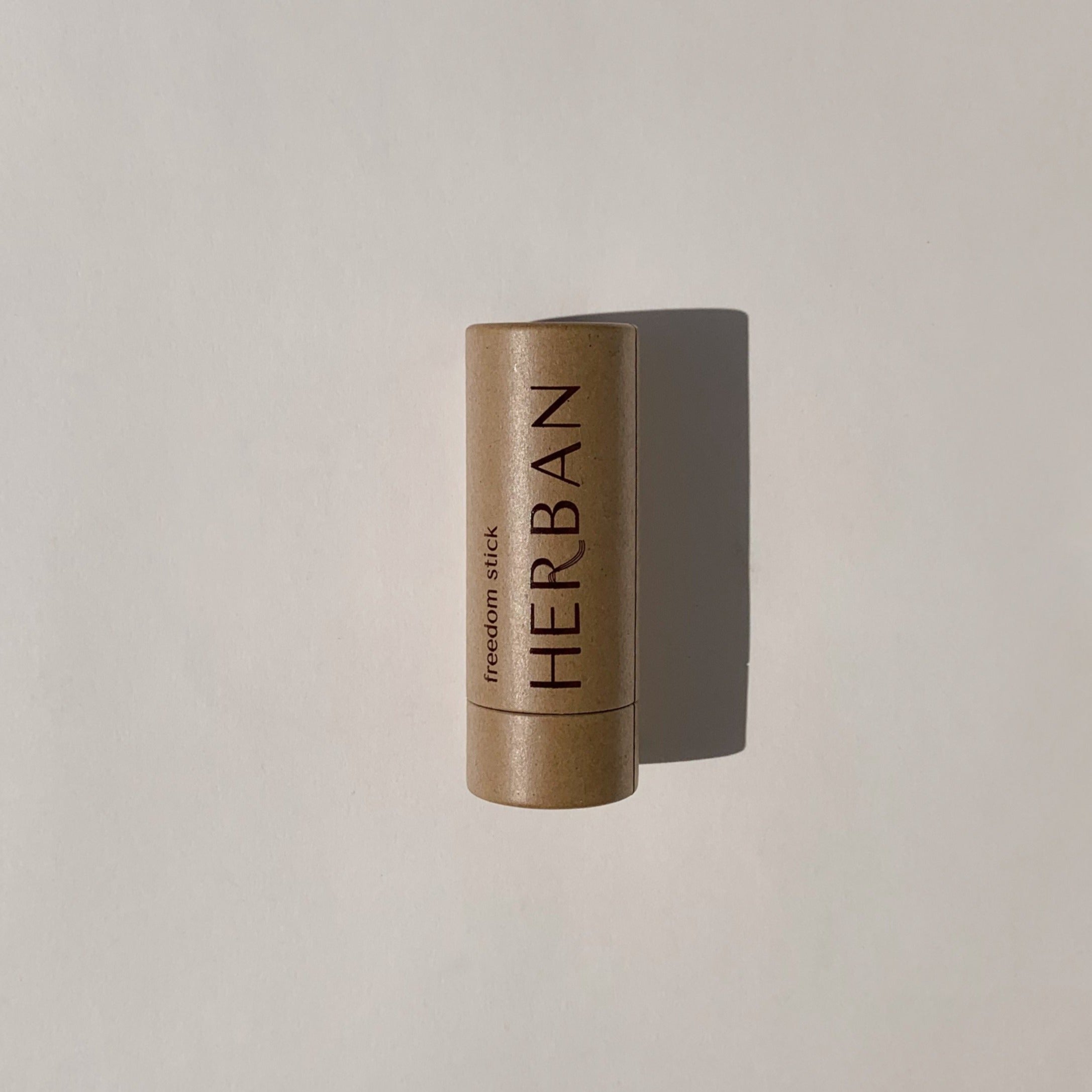 Herban's Freedom Stick in plastic free, compostable packaging and is Aluminum and Baking soda free