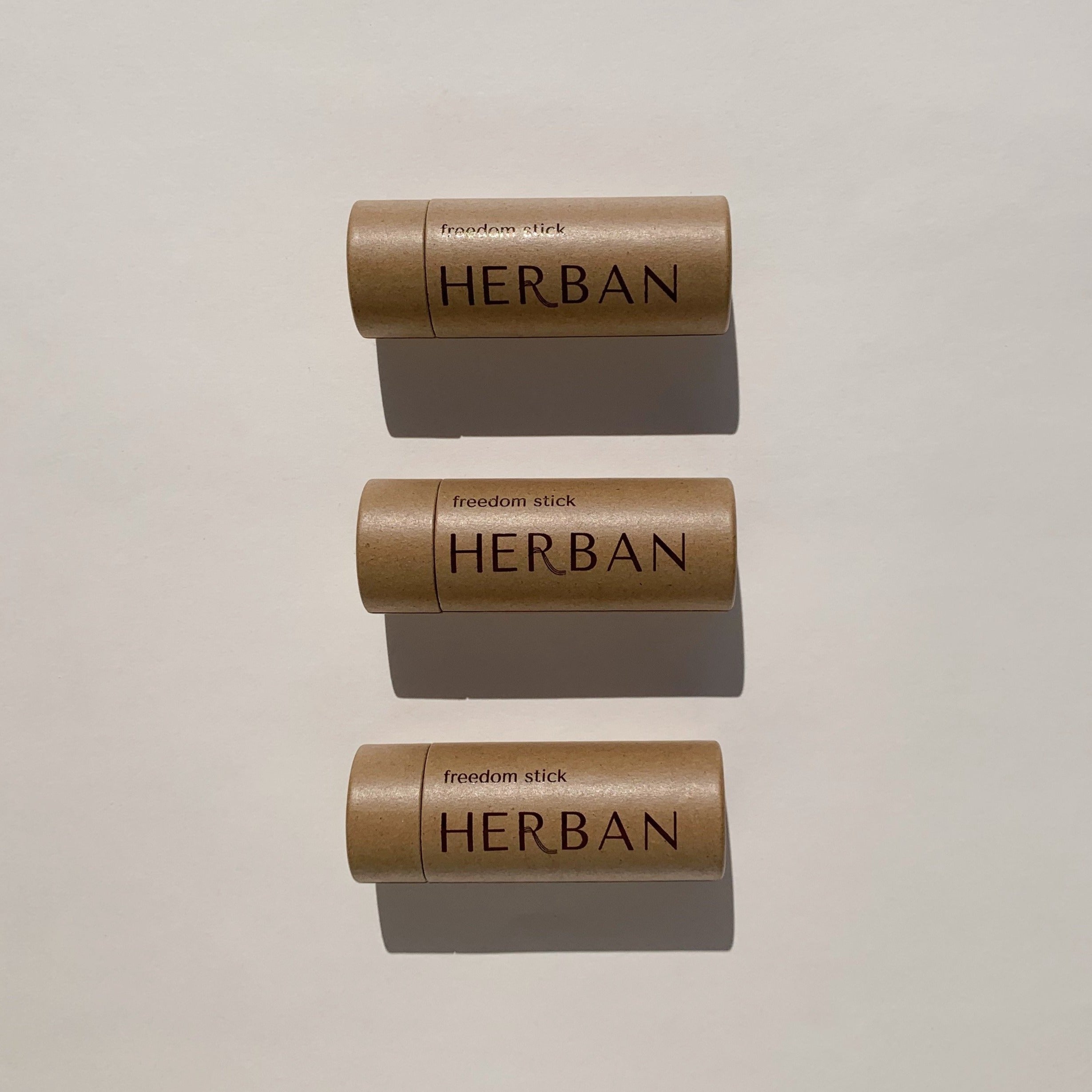 3 of Herban's Freedom Stick in plastic free, compostable packaging and is Aluminum and Baking soda free